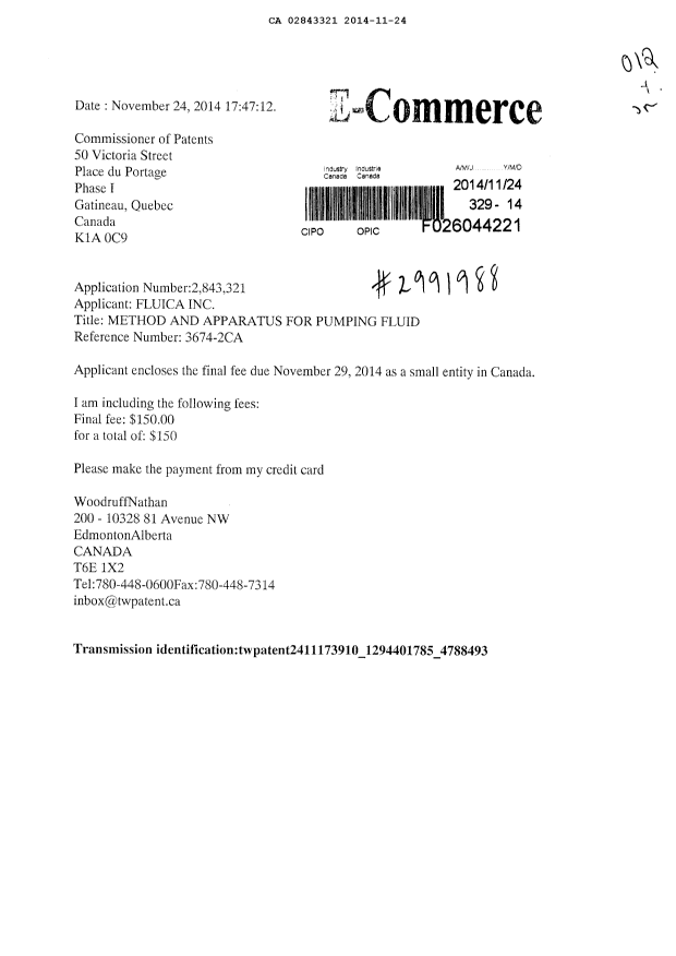 Document de brevet canadien 2843321. Correspondance 20131224. Image 1 de 1