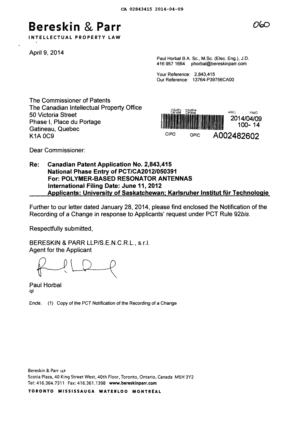 Document de brevet canadien 2843415. Correspondance 20140409. Image 1 de 4