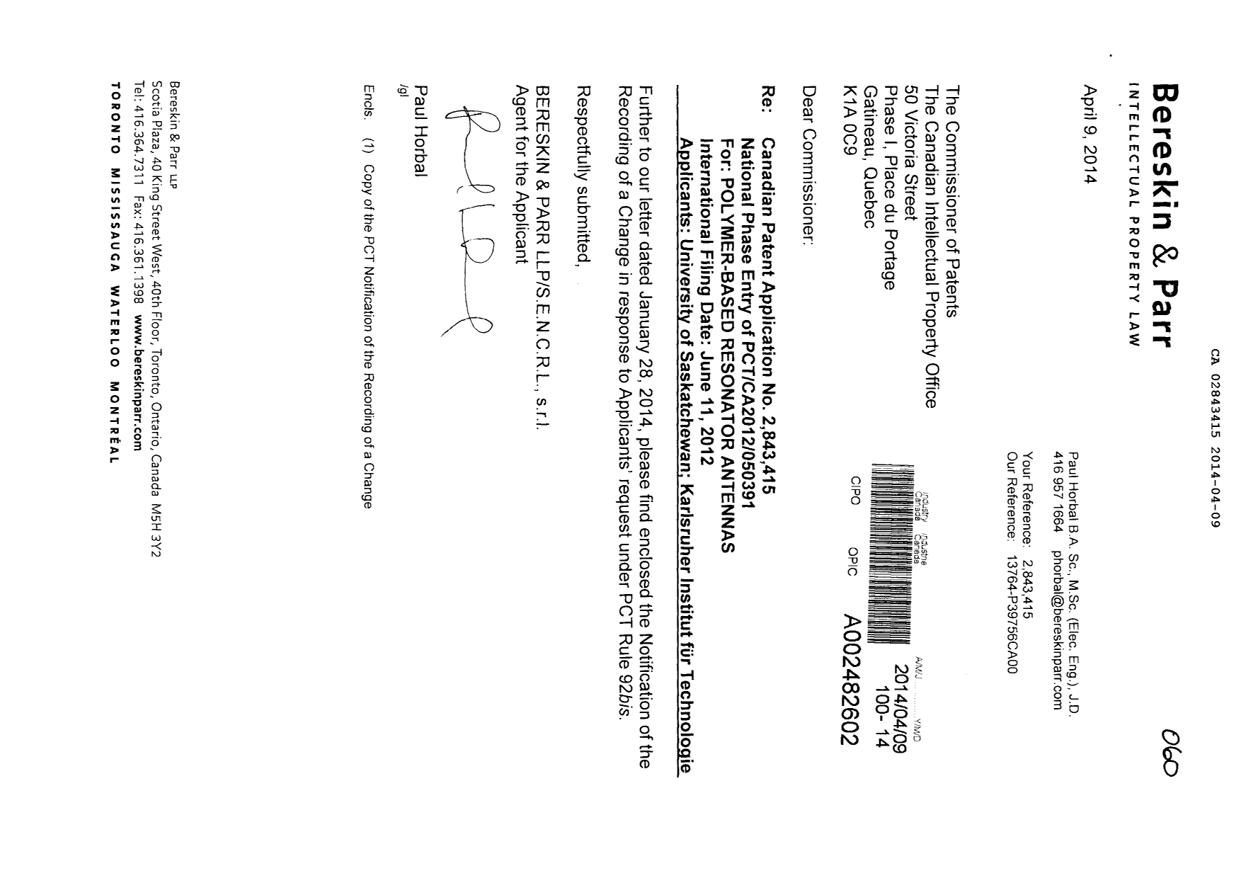 Canadian Patent Document 2843415. Correspondence 20140409. Image 1 of 4