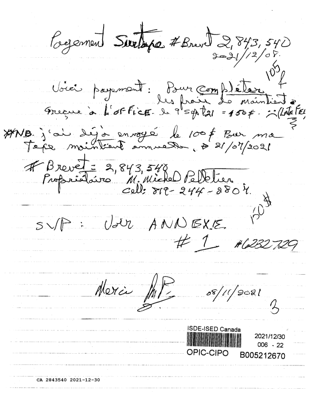 Document de brevet canadien 2843540. Taxe périodique + surtaxe 20211230. Image 1 de 3