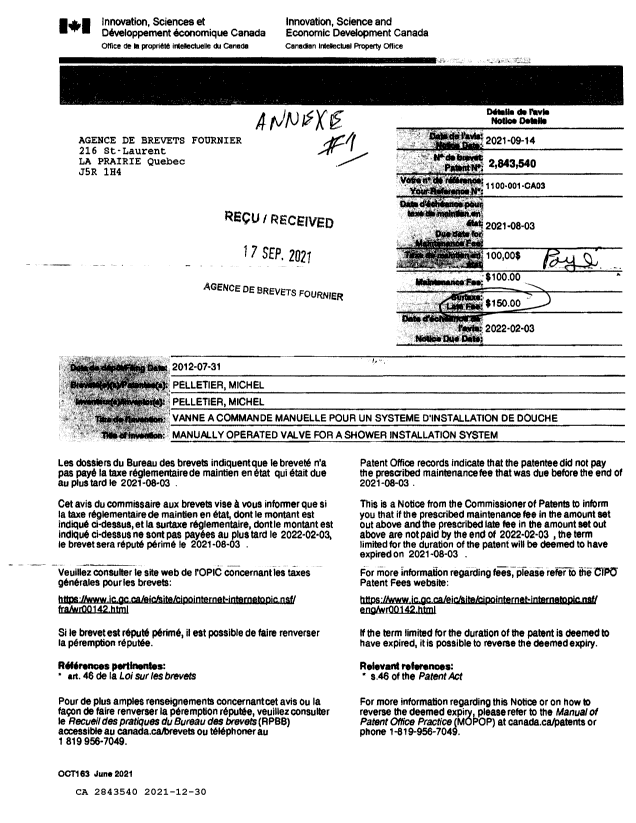 Document de brevet canadien 2843540. Taxe périodique + surtaxe 20211230. Image 3 de 3