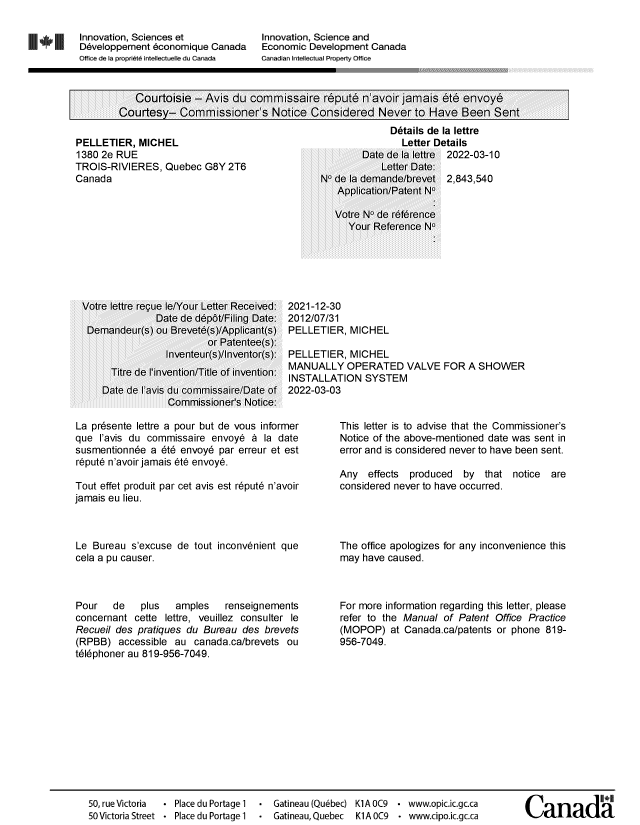 Document de brevet canadien 2843540. Lettre du bureau 20220310. Image 1 de 1
