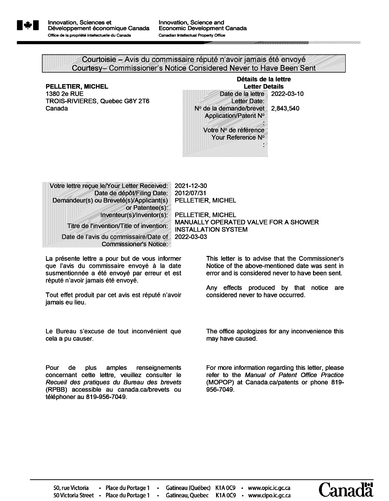 Document de brevet canadien 2843540. Lettre du bureau 20220310. Image 1 de 1