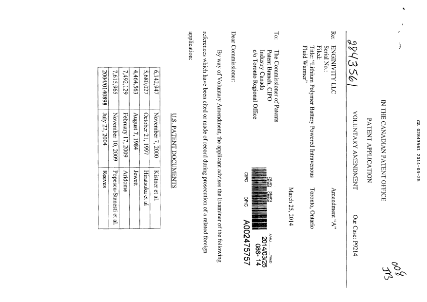 Document de brevet canadien 2843561. Poursuite-Amendment 20131225. Image 1 de 2