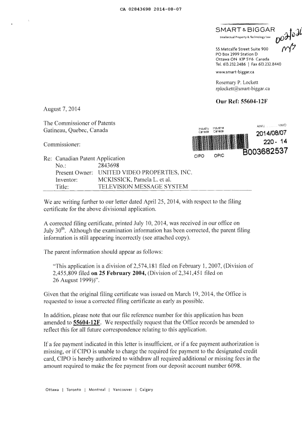 Canadian Patent Document 2843698. Correspondence 20131207. Image 1 of 3