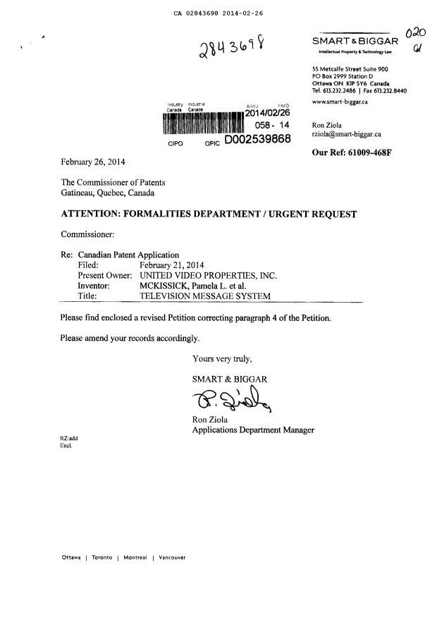 Canadian Patent Document 2843698. Correspondence 20131226. Image 1 of 3