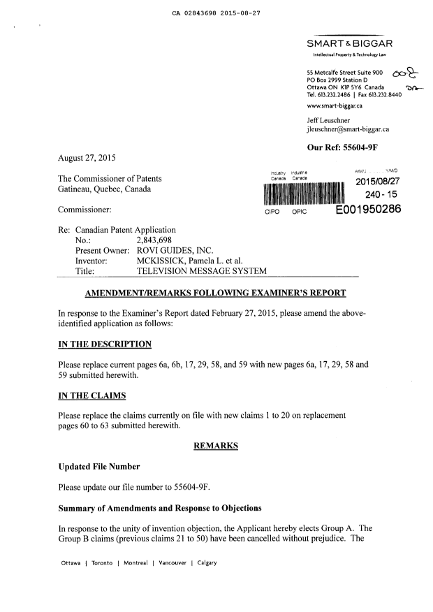 Canadian Patent Document 2843698. Prosecution-Amendment 20141227. Image 1 of 12