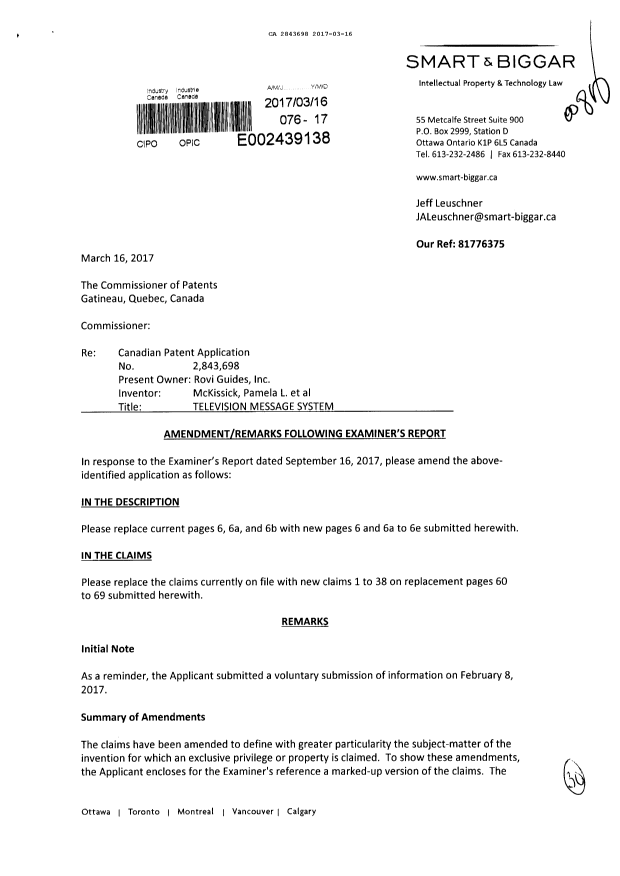 Canadian Patent Document 2843698. Prosecution-Amendment 20161216. Image 1 of 30