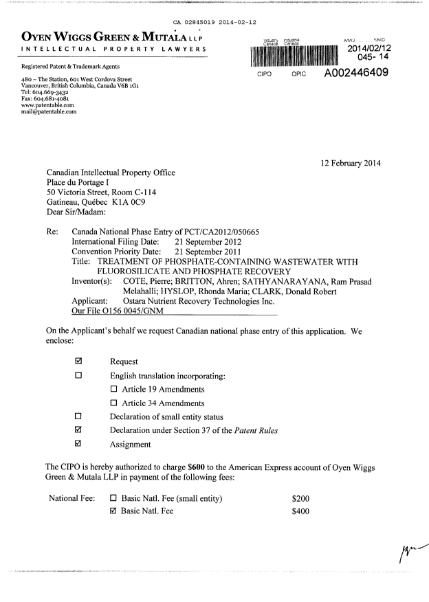 Document de brevet canadien 2845019. Cession 20140212. Image 1 de 10