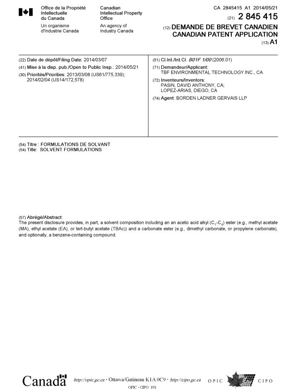 Document de brevet canadien 2845415. Page couverture 20131228. Image 1 de 1