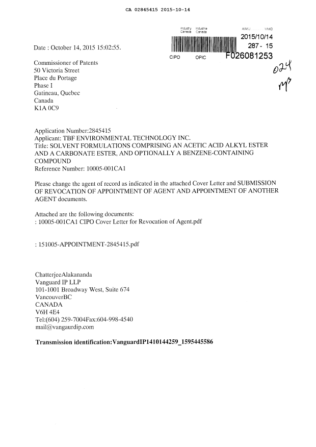 Canadian Patent Document 2845415. Correspondence 20141214. Image 1 of 3