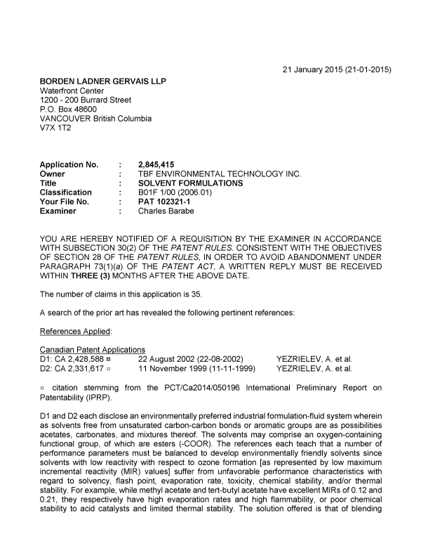 Canadian Patent Document 2845415. Prosecution-Amendment 20141221. Image 1 of 7