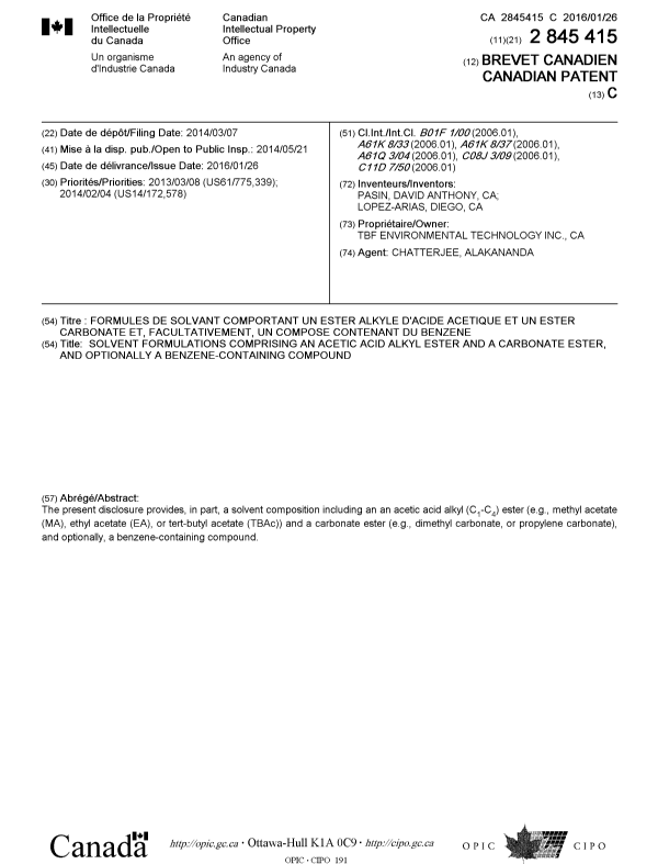 Canadian Patent Document 2845415. Cover Page 20151213. Image 1 of 1