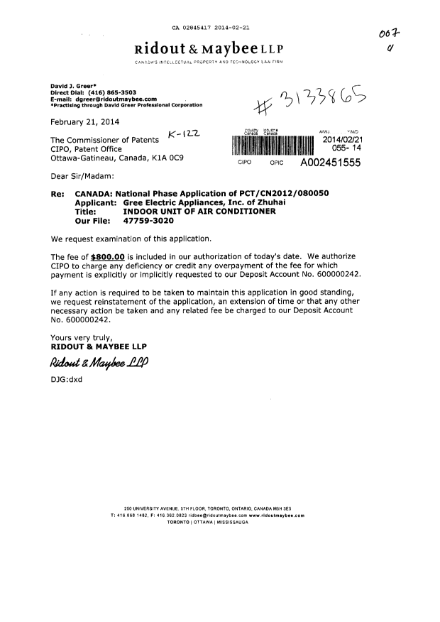 Document de brevet canadien 2845417. Poursuite-Amendment 20140221. Image 1 de 1