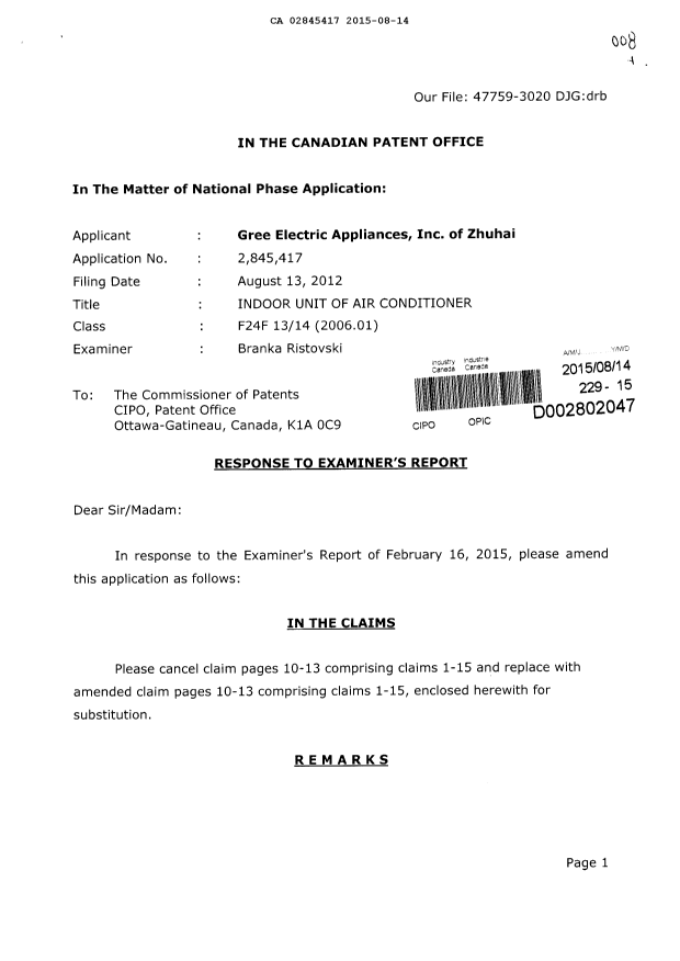 Document de brevet canadien 2845417. Modification 20150814. Image 1 de 9