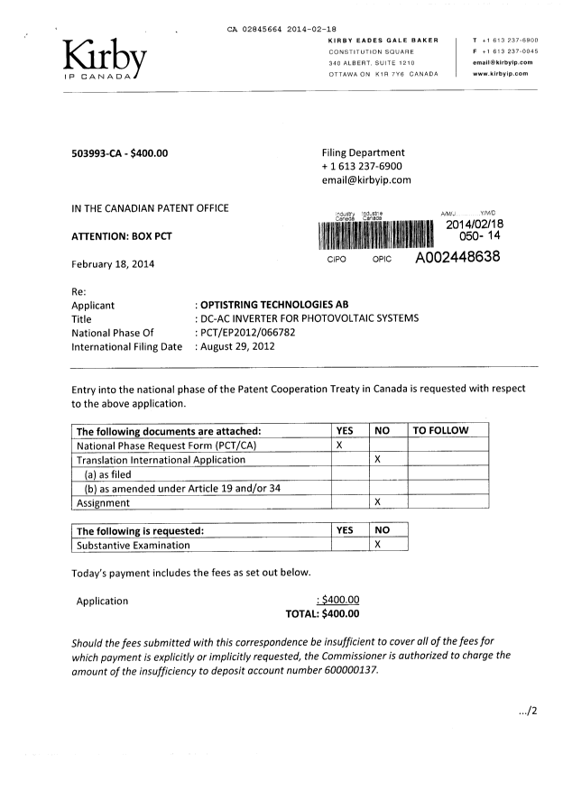 Document de brevet canadien 2845664. Cession 20140218. Image 1 de 4