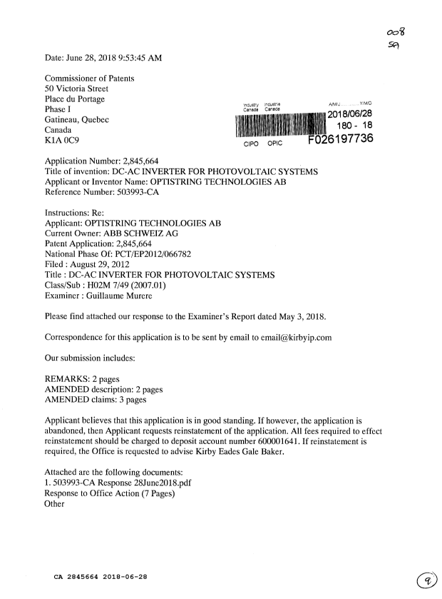 Document de brevet canadien 2845664. Modification 20180628. Image 1 de 9