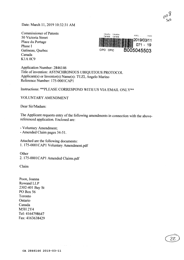 Document de brevet canadien 2846146. Modification 20190311. Image 1 de 22