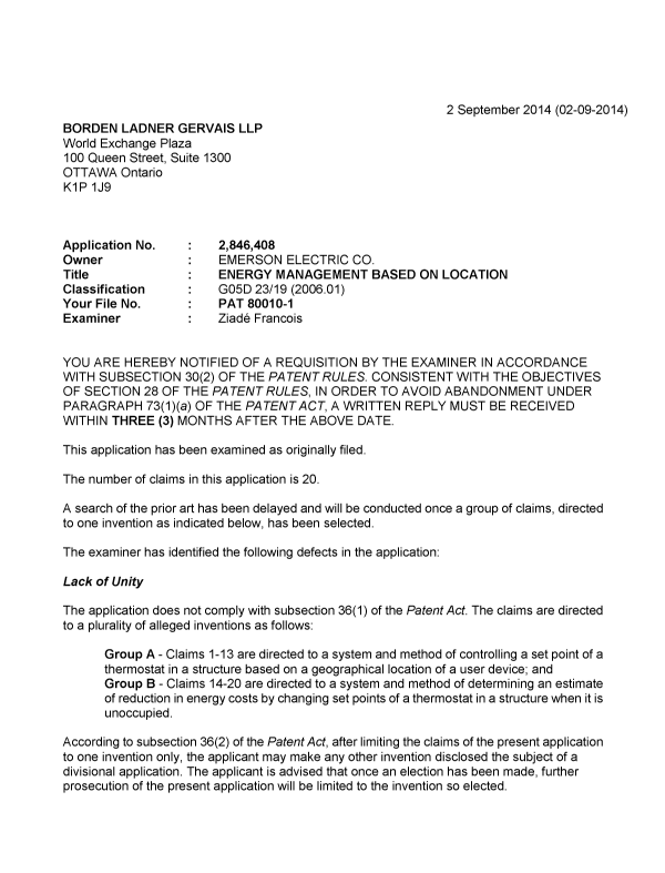 Canadian Patent Document 2846408. Prosecution-Amendment 20131202. Image 1 of 2