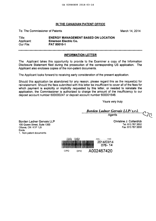 Canadian Patent Document 2846408. Prosecution-Amendment 20131214. Image 1 of 1