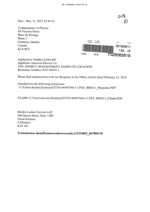 Document de brevet canadien 2846408. Poursuite-Amendment 20141211. Image 1 de 6