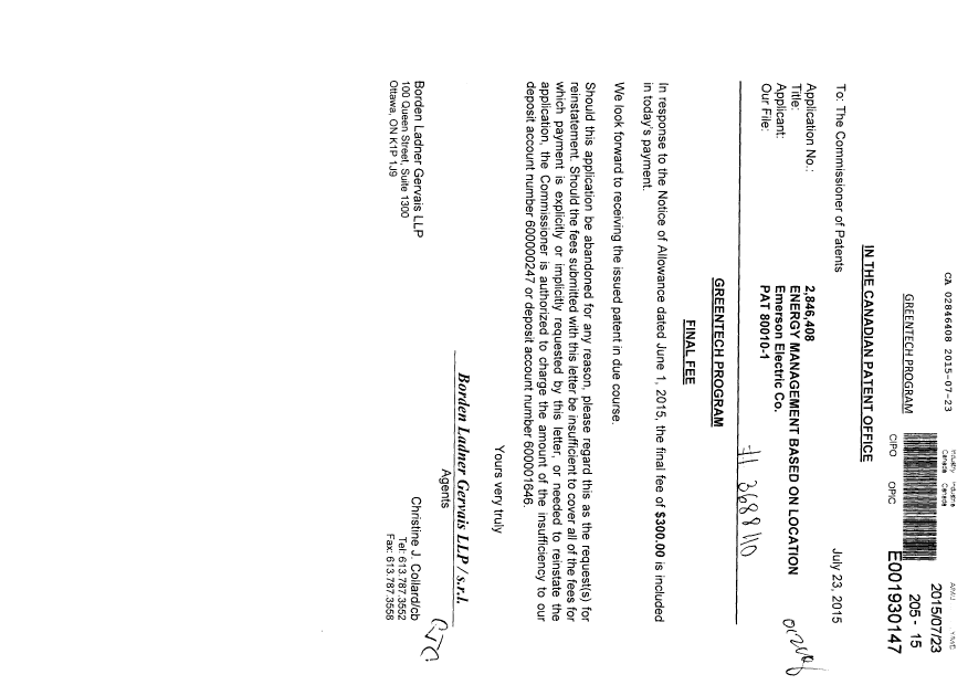 Document de brevet canadien 2846408. Correspondance 20141223. Image 1 de 1