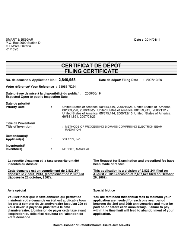 Document de brevet canadien 2846958. Correspondance 20131211. Image 1 de 1