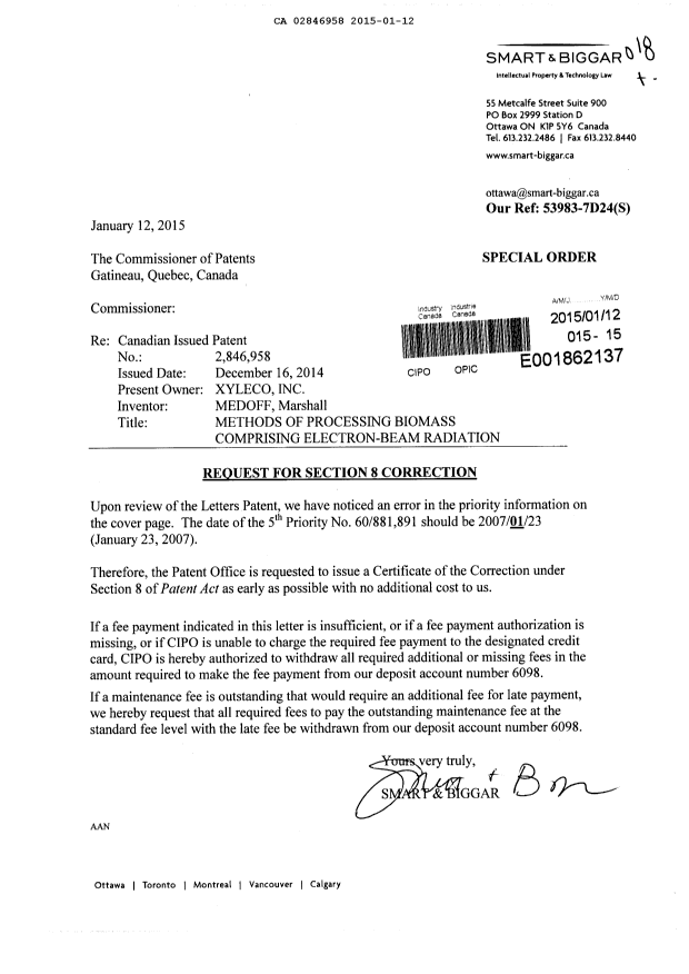 Document de brevet canadien 2846958. Correspondance 20141212. Image 1 de 1