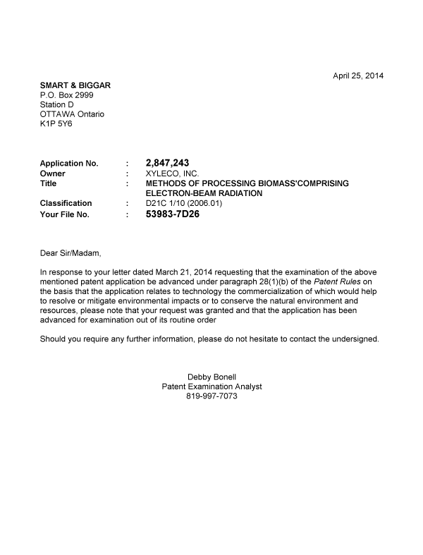 Canadian Patent Document 2847243. Prosecution-Amendment 20131225. Image 1 of 1