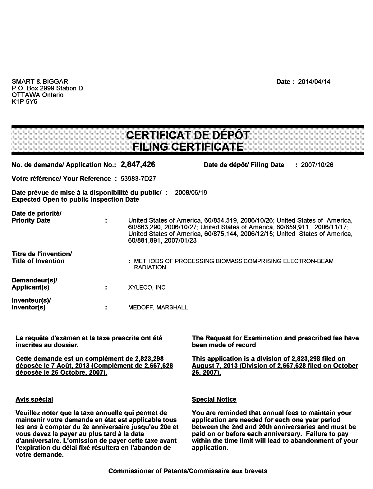 Document de brevet canadien 2847426. Correspondance 20131214. Image 1 de 1