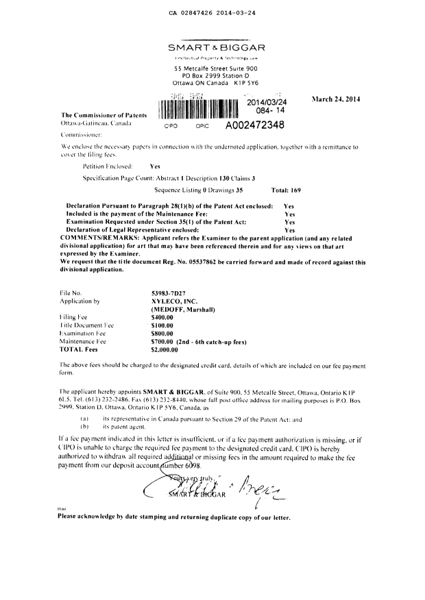 Document de brevet canadien 2847426. Poursuite-Amendment 20131224. Image 1 de 1