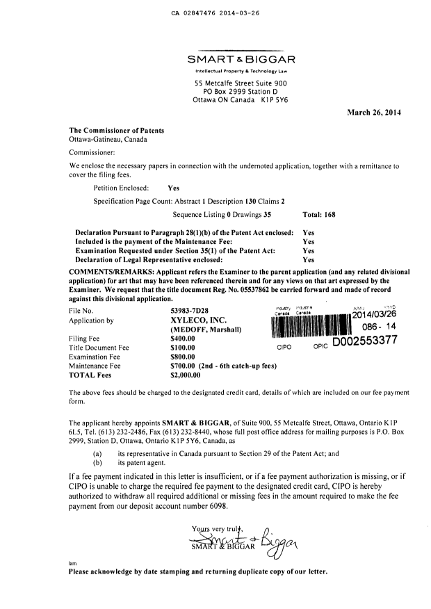 Canadian Patent Document 2847476. Prosecution-Amendment 20131226. Image 1 of 1