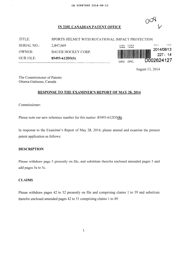 Document de brevet canadien 2847669. Poursuite-Amendment 20140813. Image 1 de 19