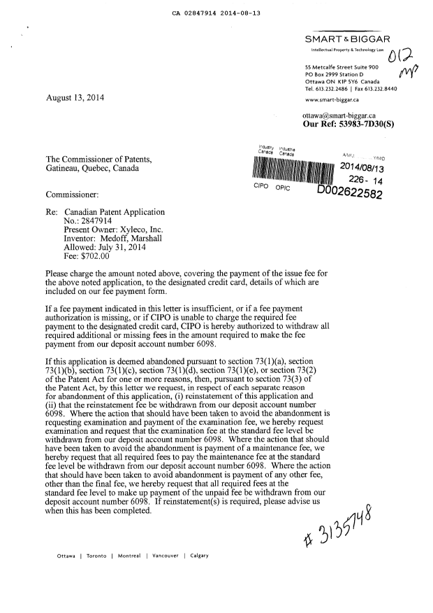 Document de brevet canadien 2847914. Correspondance 20131213. Image 1 de 2