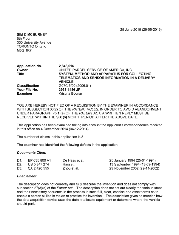 Canadian Patent Document 2848016. Examiner Requisition 20150625. Image 1 of 5