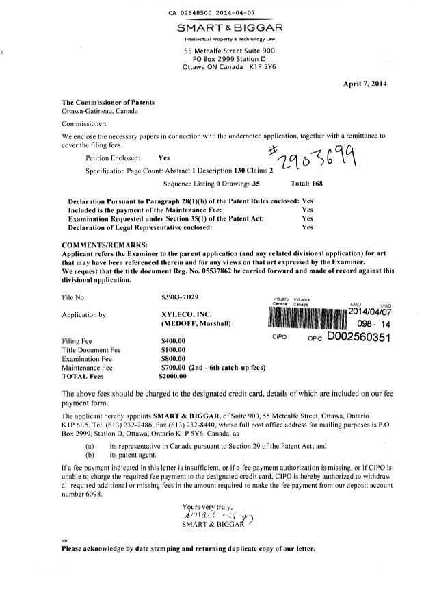 Canadian Patent Document 2848500. Prosecution-Amendment 20131207. Image 1 of 2