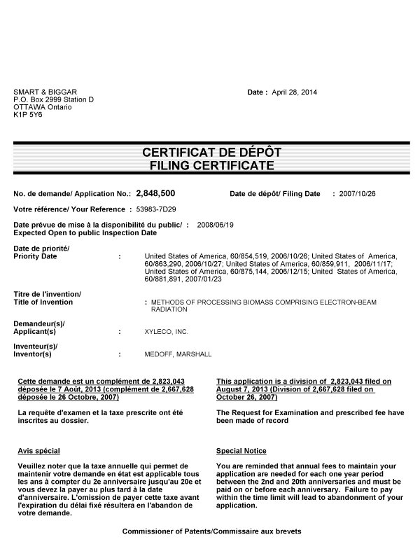 Document de brevet canadien 2848500. Correspondance 20131228. Image 1 de 1
