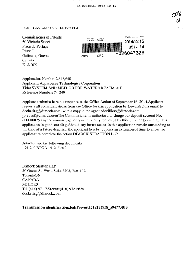 Document de brevet canadien 2848660. Poursuite-Amendment 20131215. Image 1 de 22