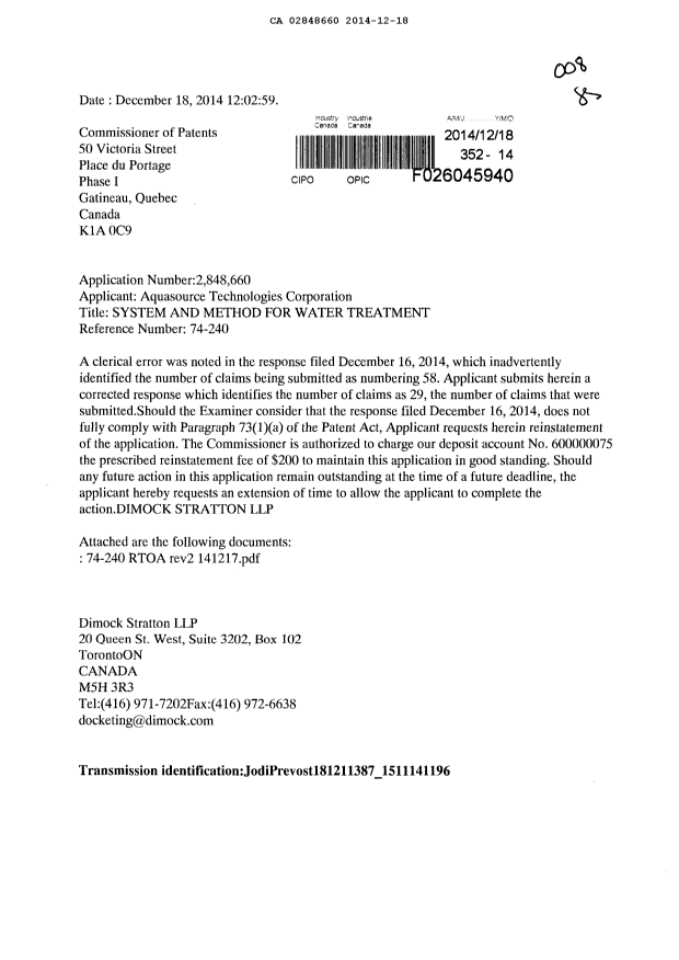 Canadian Patent Document 2848660. Prosecution-Amendment 20131218. Image 1 of 22