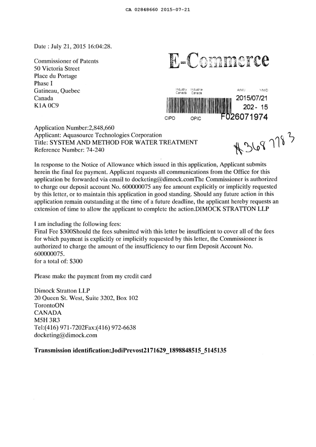 Canadian Patent Document 2848660. Correspondence 20141221. Image 1 of 1