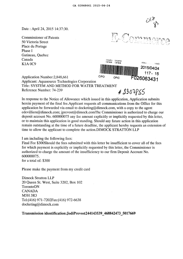 Canadian Patent Document 2848661. Correspondence 20141224. Image 1 of 1