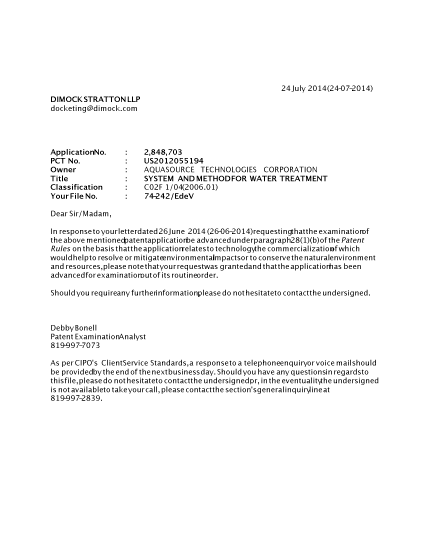 Document de brevet canadien 2848703. Poursuite-Amendment 20140724. Image 1 de 1