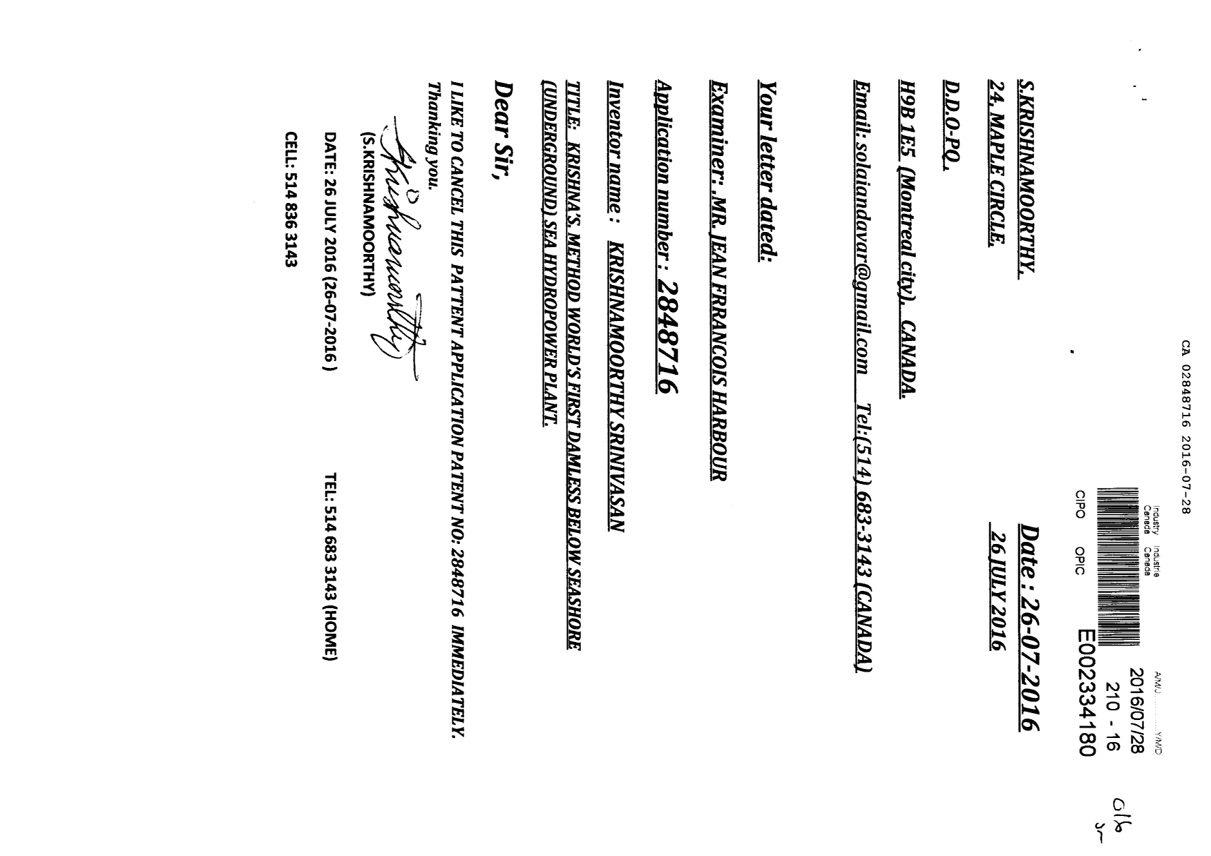 Document de brevet canadien 2848716. Correspondance 20151228. Image 1 de 1
