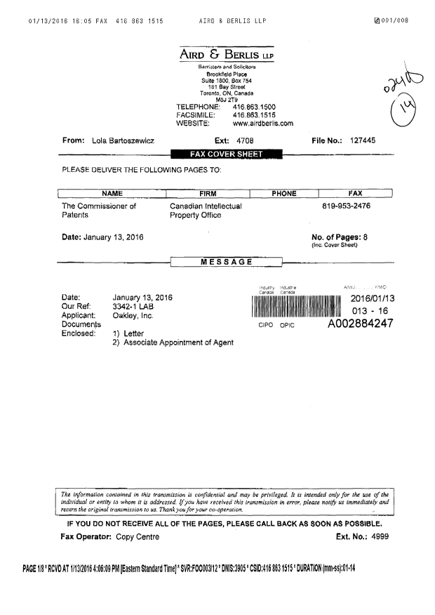 Document de brevet canadien 2849454. Correspondance 20160113. Image 1 de 8