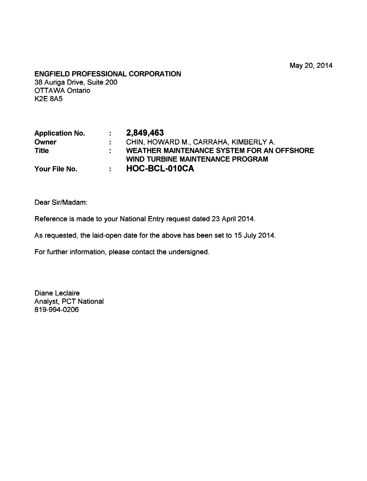 Document de brevet canadien 2849463. Correspondance 20131220. Image 1 de 1