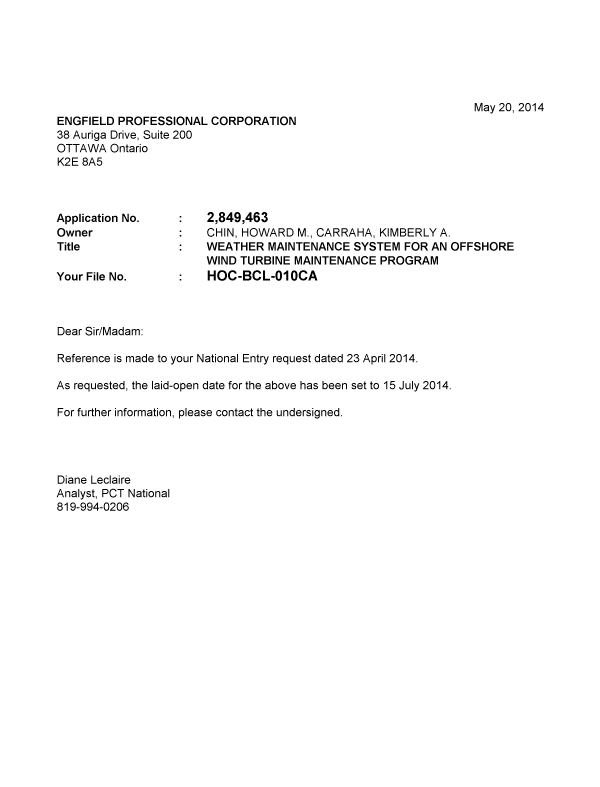 Document de brevet canadien 2849463. Correspondance 20140520. Image 1 de 1