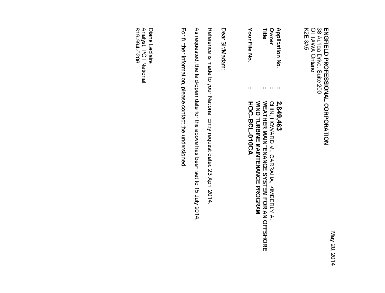 Document de brevet canadien 2849463. Correspondance 20140520. Image 1 de 1