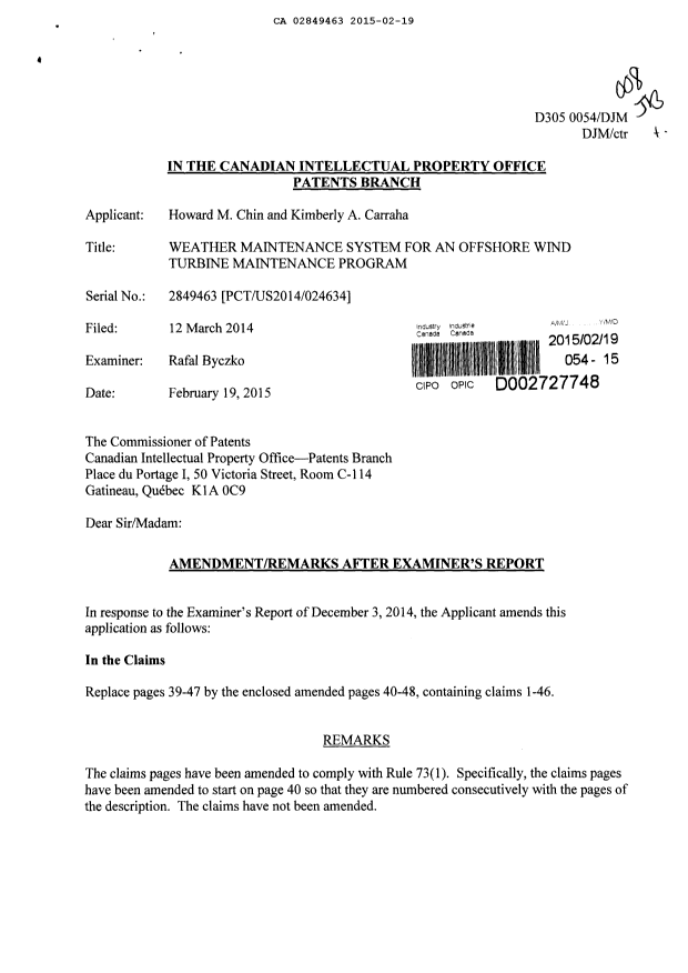 Document de brevet canadien 2849463. Poursuite-Amendment 20141219. Image 1 de 11