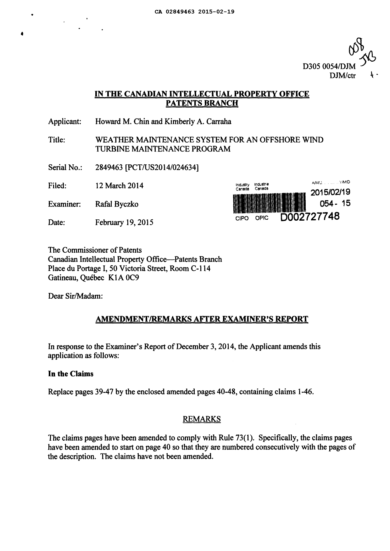 Canadian Patent Document 2849463. Prosecution-Amendment 20141219. Image 1 of 11