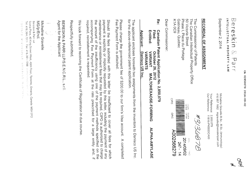Canadian Patent Document 2850079. Assignment 20140902. Image 1 of 5